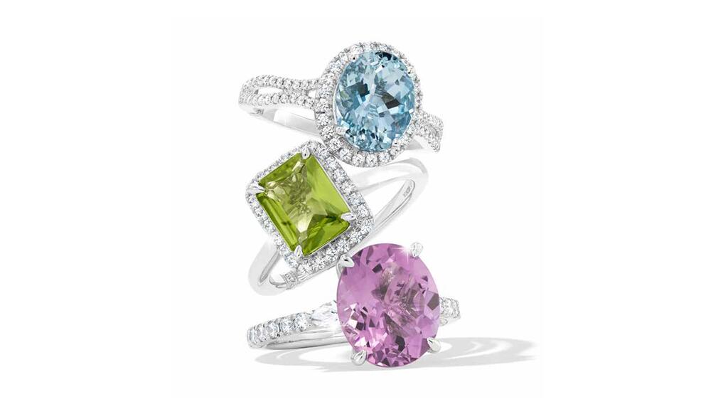 A selection of colored gemstone engagement rings from bridal designer Monique Lhuillier's collection at Kay Jewelers Monique Lhuillier colored gemstone engagement rings